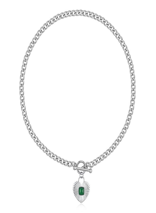 NUZON Chunky Sunburst Heart Pendant Necklace with Green Agate Solitaire Stainless Steel Silver Curb Cuban Thick Chain Toggle Bar Clasp Statement Jewelry for Women 18’’ - Image 1